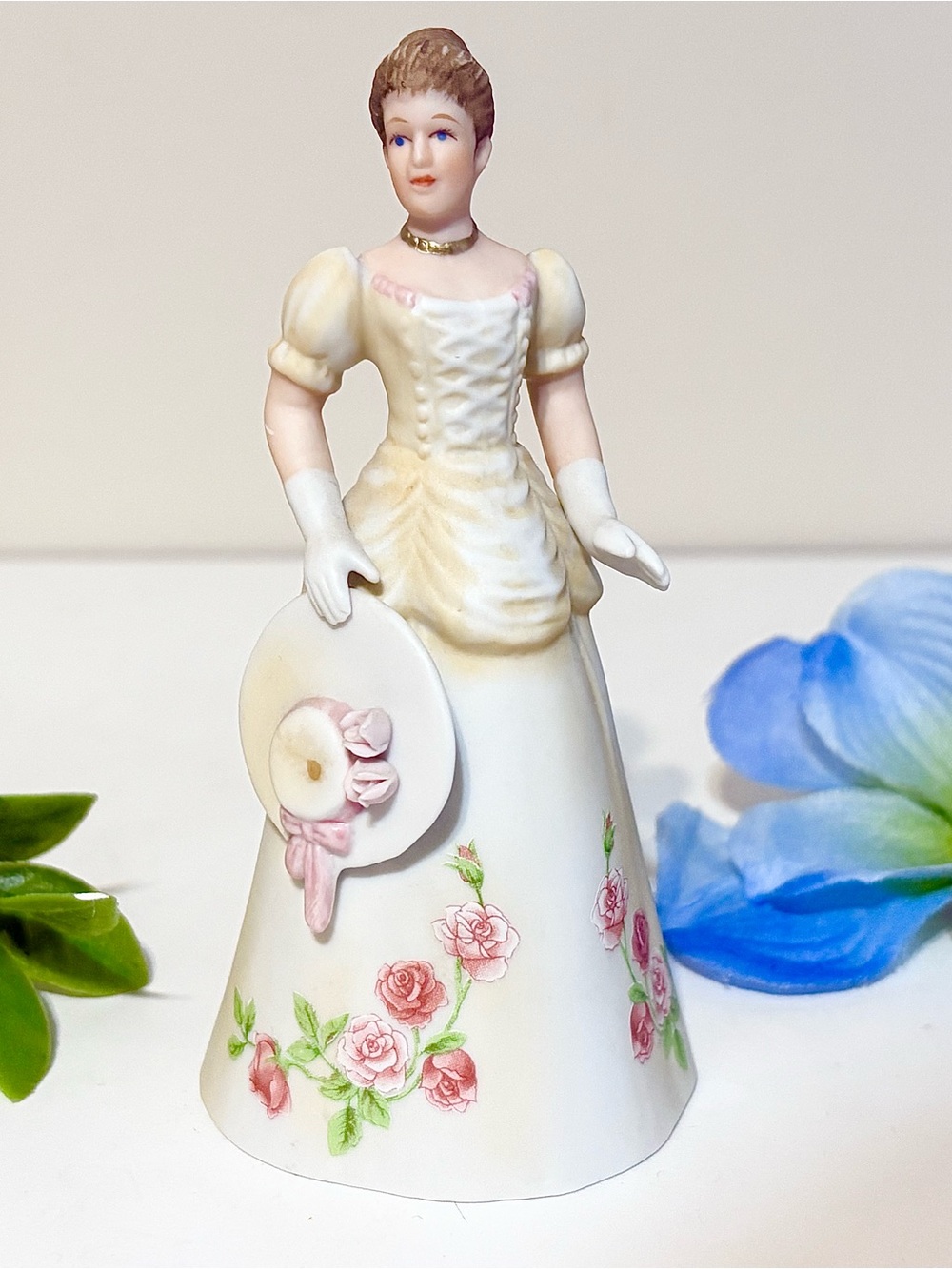 Vintage Enesco 1980s Victorian Lady Bell-June Jacqueline w Roses-Pink Hat/Bonnet